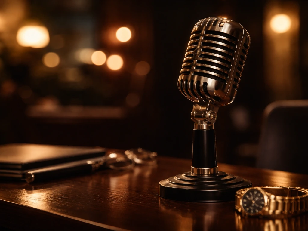 Cinematic studio desk scene with a microphone and luxury backdrop symbolizing TV fame and wealth