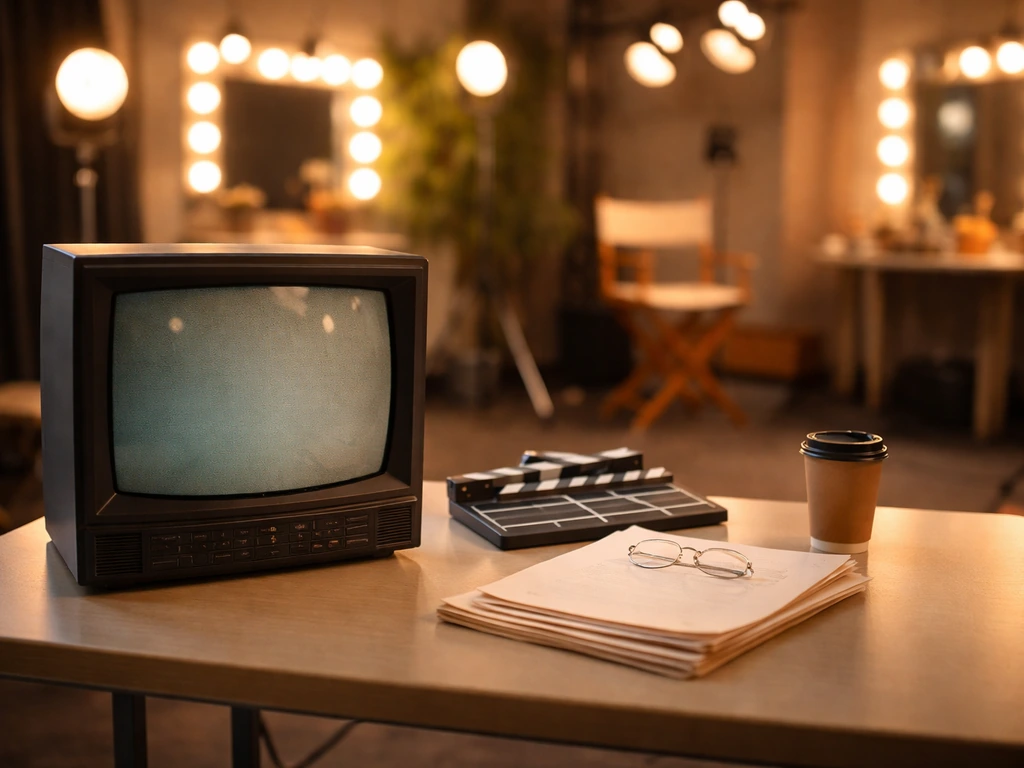 Minimal studio desk scene with a vintage TV set and glamorous lights, symbolizing a teen actress era.
