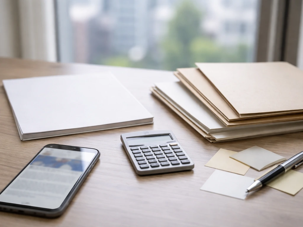 Calculator, blank papers, and a phone on a minimal desk suggesting research-based wealth estimation.