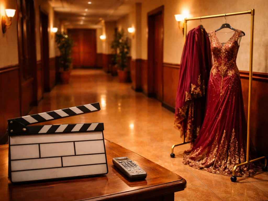 Vintage TV studio hallway with a wardrobe rack and old clapperboard, evoking 1990s telenovela peak era.