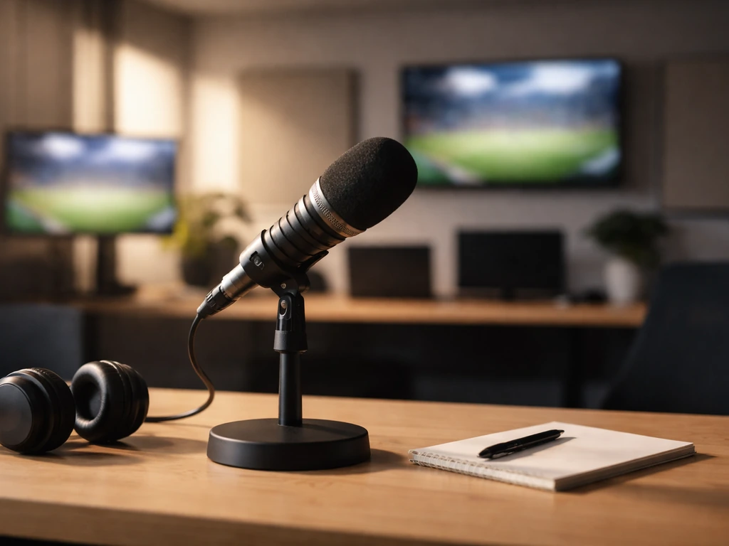 Mic in a minimal sports media studio setup, hinting at TV hosting and multiple income streams