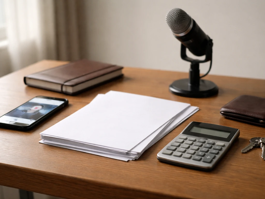Minimal desk scene with podcast microphone, calculator, and financial documents suggesting net worth calculations.