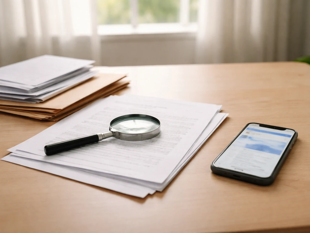 Minimal desk scene with documents, a magnifying glass, and a smartphone showing finance search results