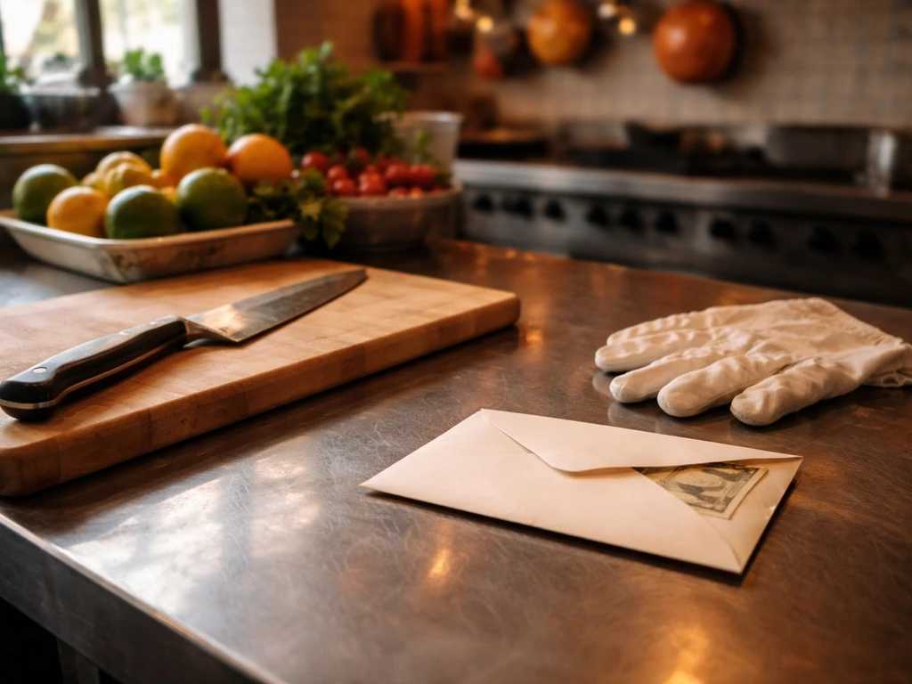 Miami restaurant kitchen scene with a chef’s tools and cash-like atmosphere, symbolizing a chef’s net-worth analysis