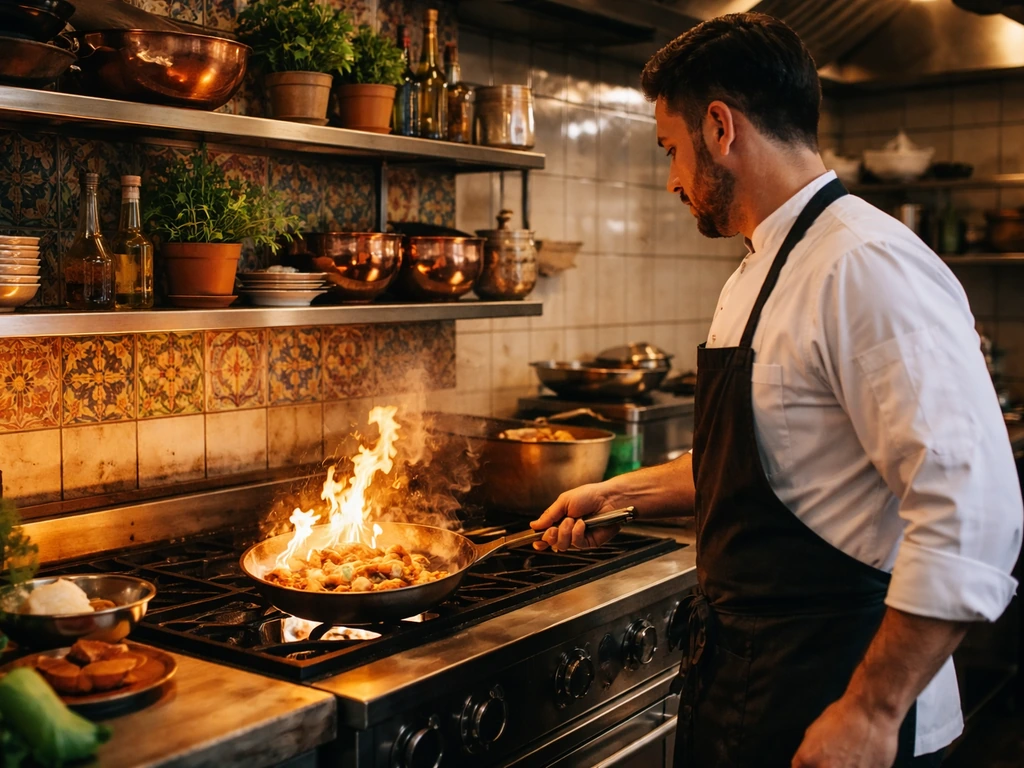 Miami Latin-cuisine chef working in a warm restaurant kitchen, skillet in hand