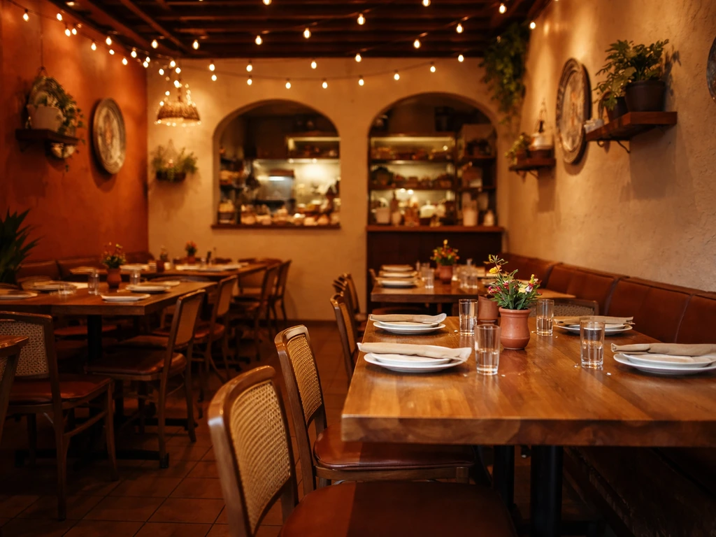 Warm Latin restaurant dining room with neatly set tables and soft lighting, empty and inviting.