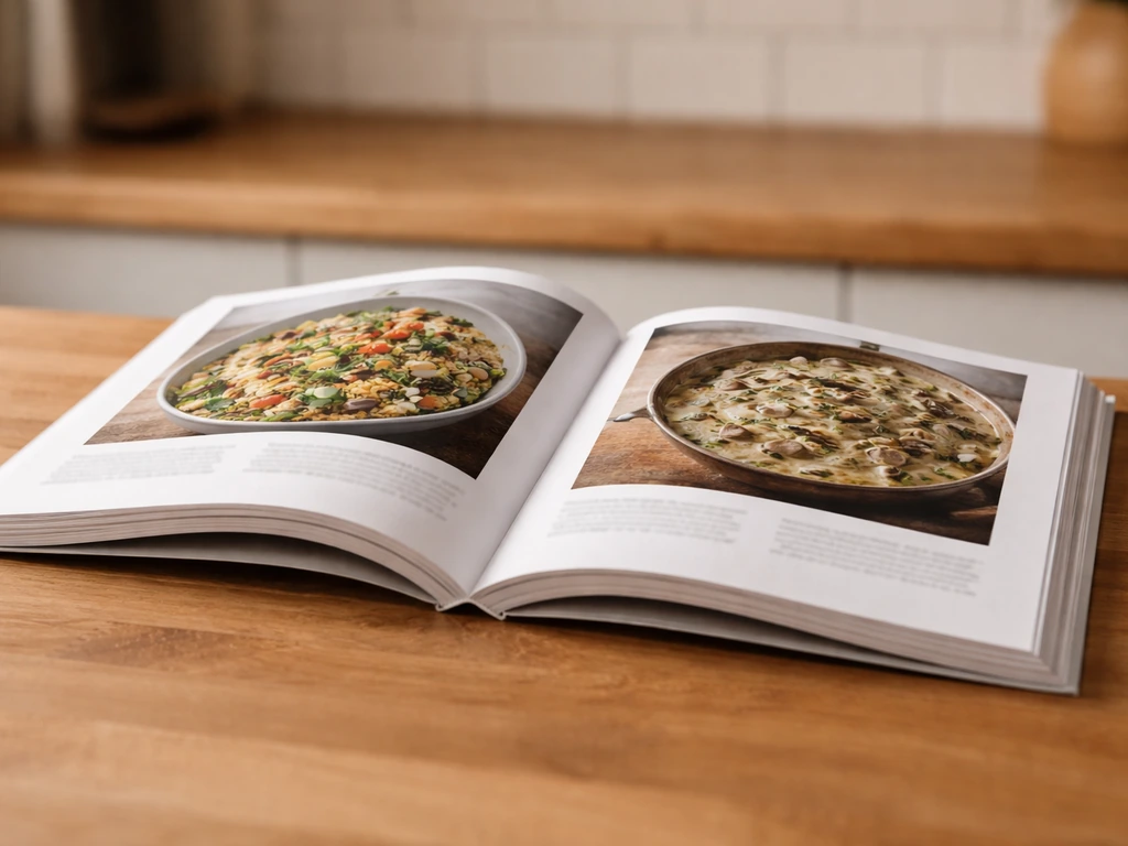 Open cookbook pages on a kitchen counter, warm light, suggesting cookbook royalty income.