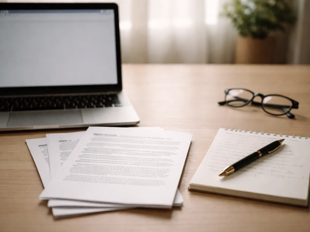 Minimal DIY due-diligence desk setup with printed reference pages, a laptop, and a pen-ready checklist.