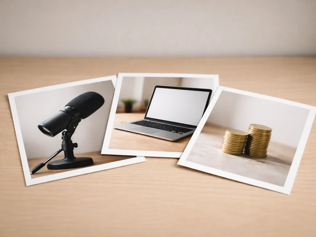 Minimal desk collage with a podcast microphone, blank laptop, and coins to signal identifying the right person
