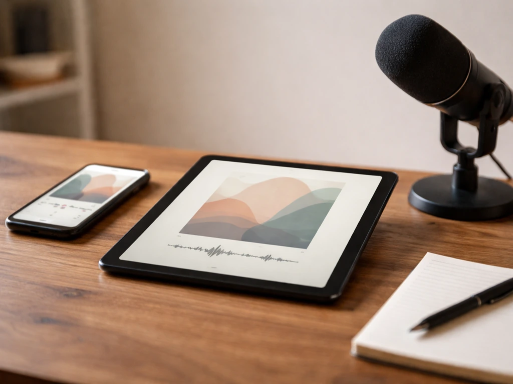 Minimal podcast studio scene with a tablet showing a generic cover image motif, no readable text.
