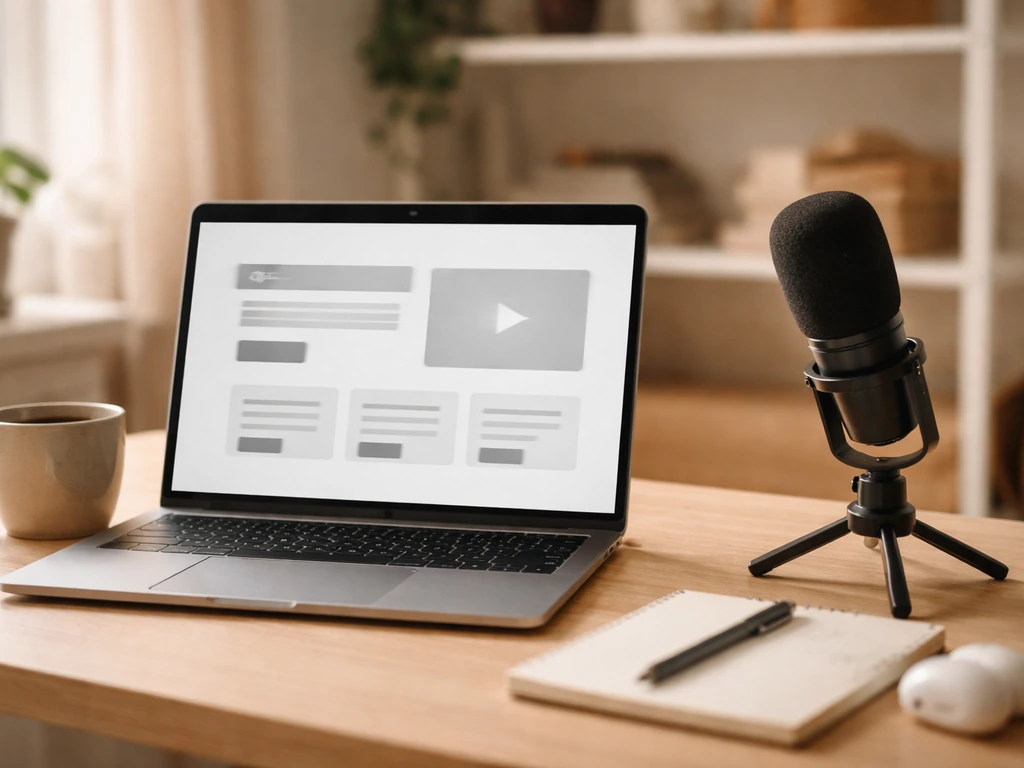 Close-up of a laptop showing an anonymous course landing page style layout and a podcast mic in a quiet studio