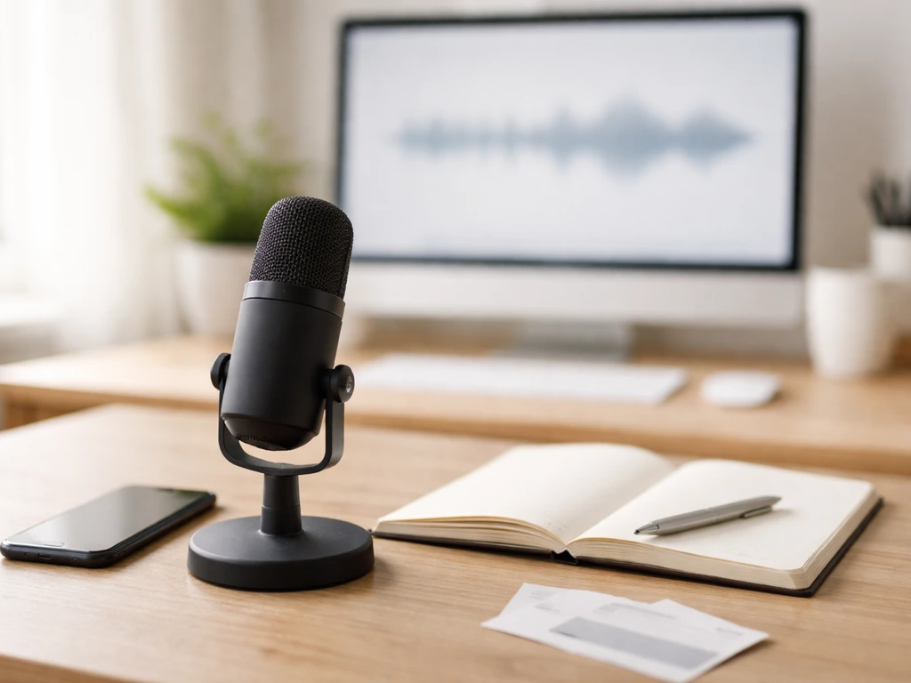 Minimal desk scene with a podcast microphone and business course notes to suggest identifying the right person