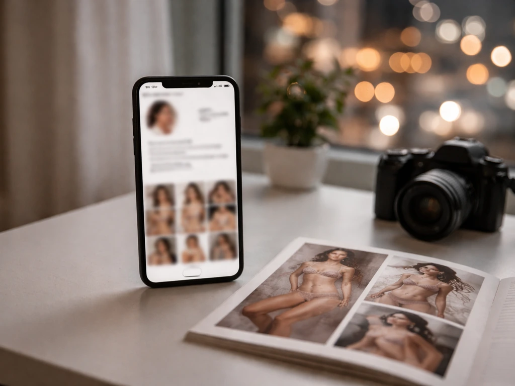 Anonymous desk scene with blurred social media phone, lingerie brochure, and camera symbolizing a modeling identity chec