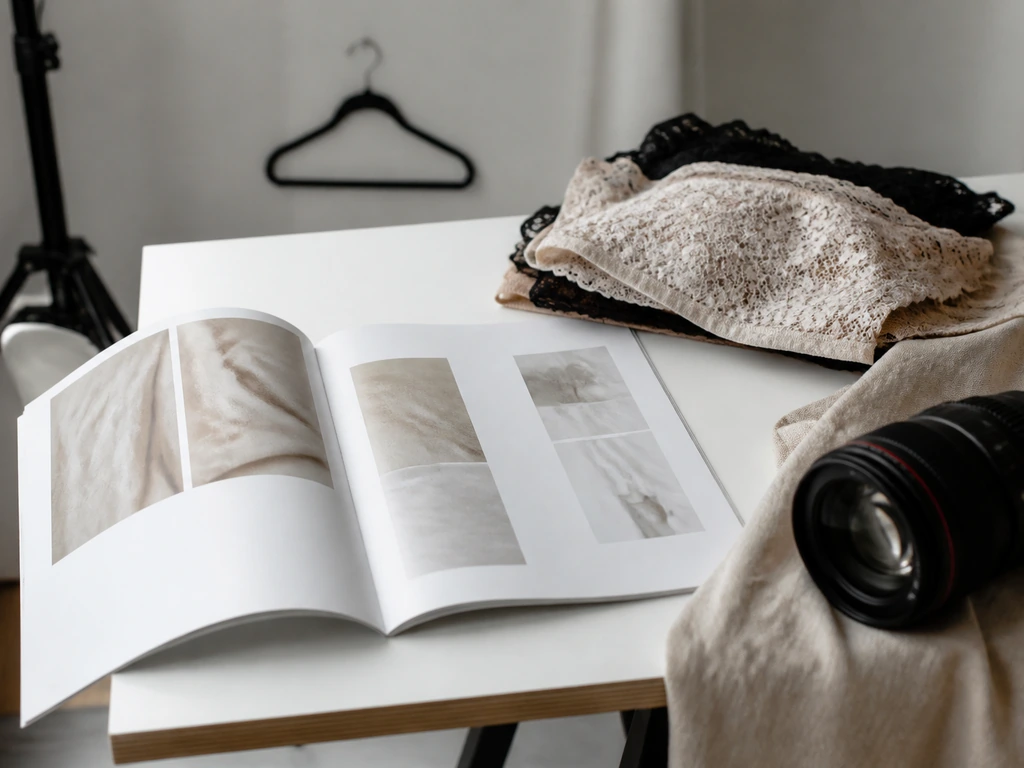 Minimal studio desk with a magazine mockup, fashion garments, and a photographer’s camera lens