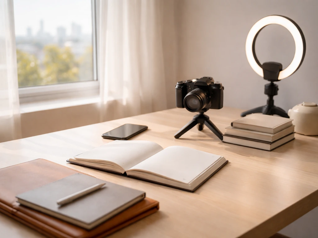 Minimal content-creation desk with luxury planner and investment-themed props suggesting a wealth trajectory shift.