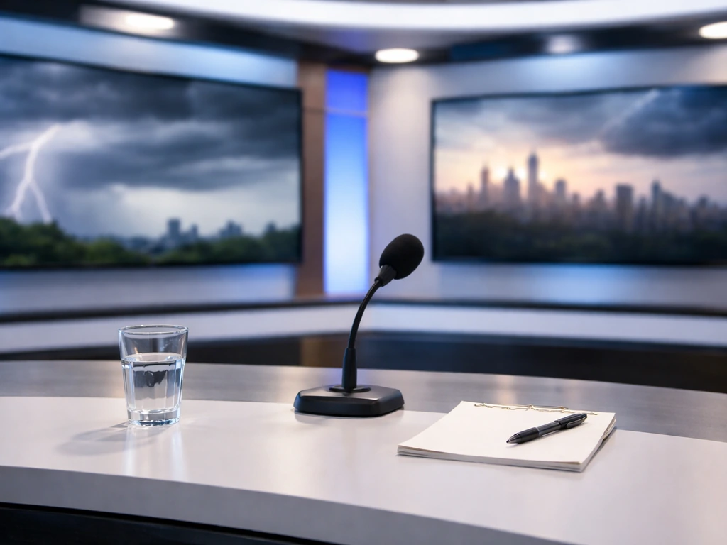 Empty TV news weather studio desk with microphone and screens, suggesting live broadcast analysis