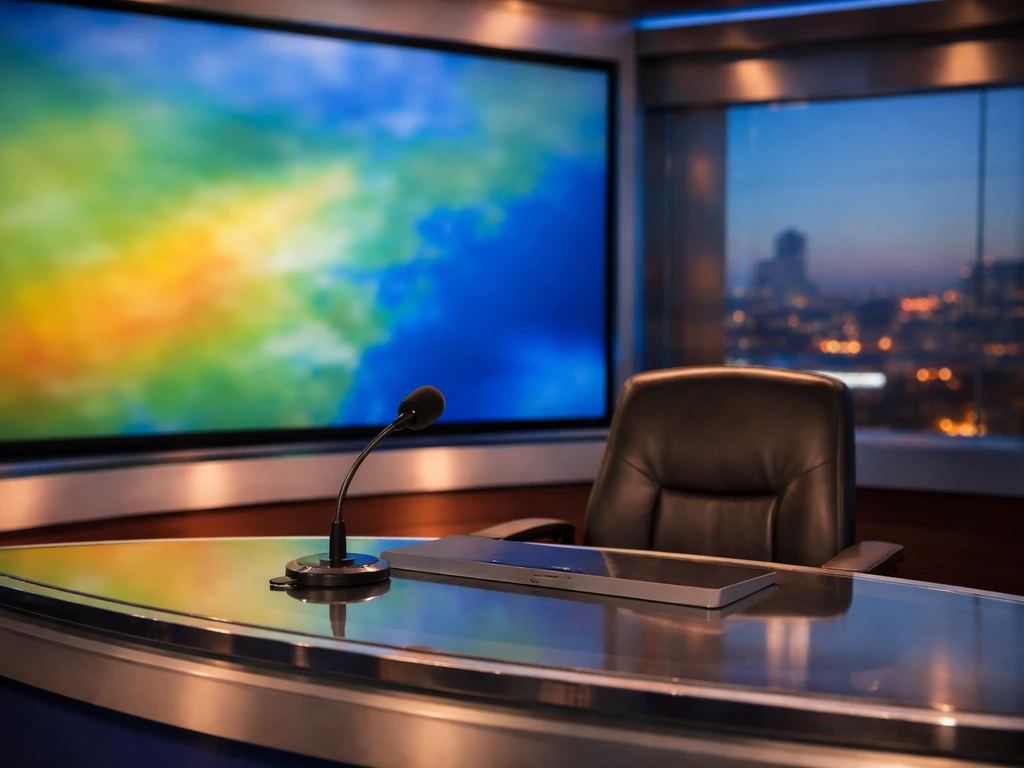 Empty TV news studio desk with microphone and blurred weather-map colors in the background.