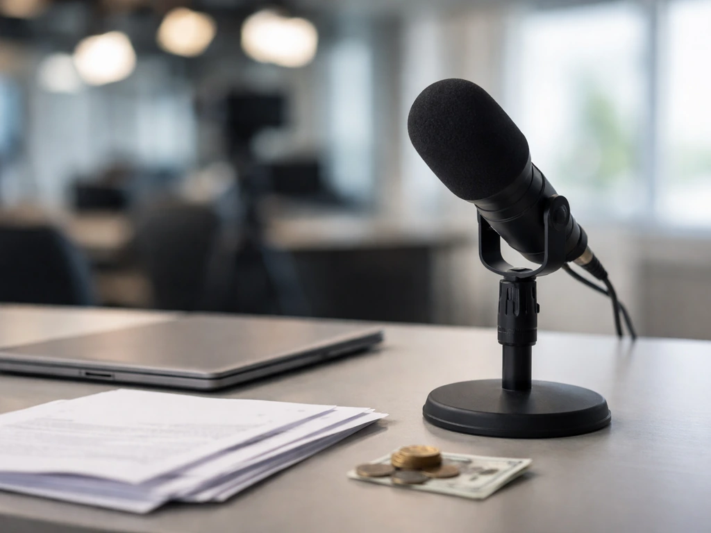 Minimal photo of a media office desk with a microphone and scattered documents, symbolizing broadcast income benchmarks.
