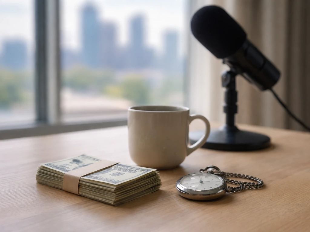Minimal photo of a journalist-style desk with cash and a blurred city skyline, suggesting wealth growth over time.