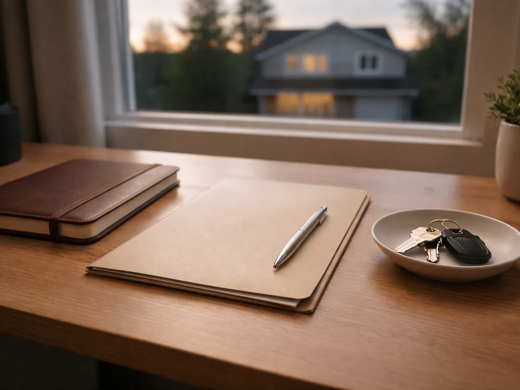 Home office desk with keys and a mortgage folder, symbolizing assets minus liabilities.