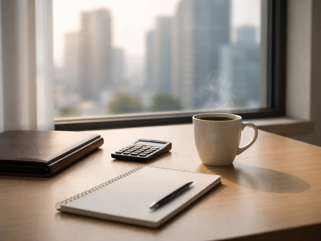 Minimal office desk with a blank notepad, calculator, and coffee near a window—symbolic net-worth evidence analysis.