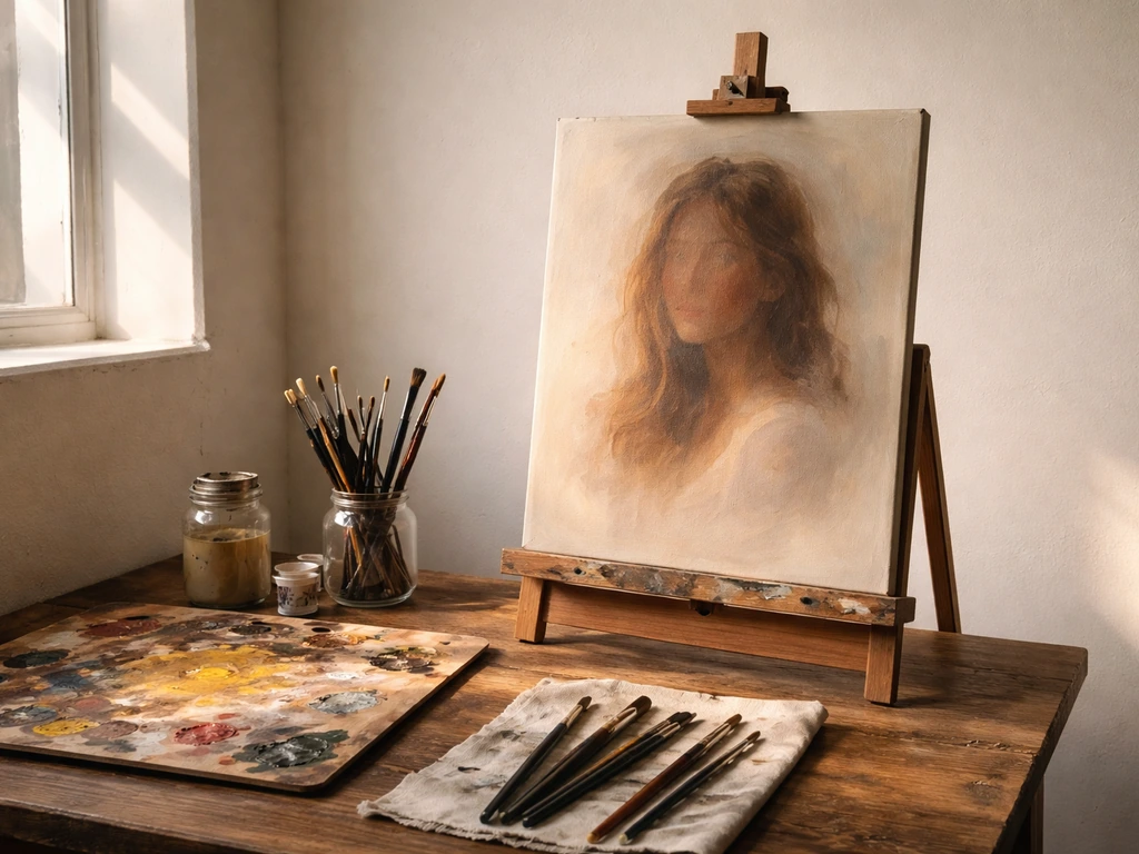 Artist’s studio workspace with brushes, palette, and a nearly finished portrait painting on an easel.