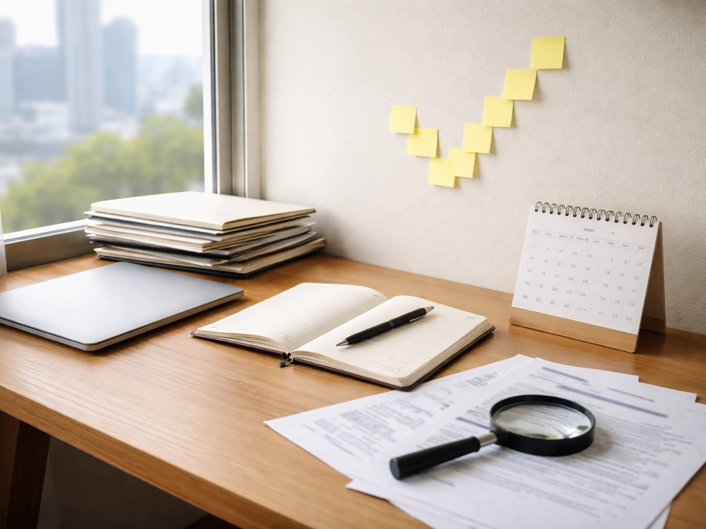 Desk scene with magnifying glass over documents, notebook, and sticky notes suggesting fact-checking.