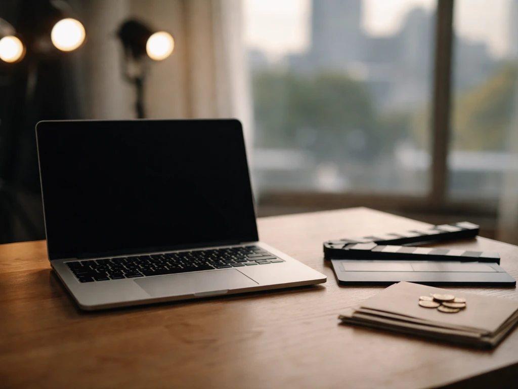 Minimal studio desk scene with film clapper, laptop, and scattered cash-like props symbolizing entertainment wealth anal