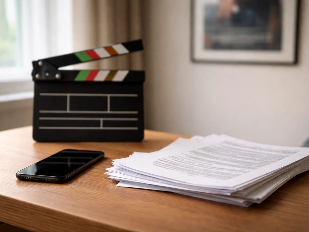 Film clapperboard and production papers on a desk by a window, symbolizing entertainment media identity.