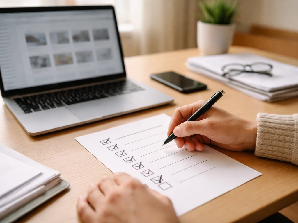 Person reviewing a checklist workflow on a desk with laptop, documents, and a smartphone.