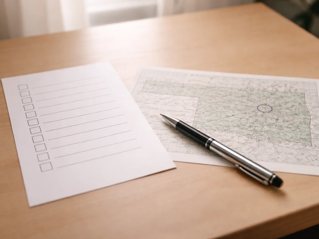 Minimal desk photo with a blank-style checklist and a small Oklahoma map near a pen, no text.