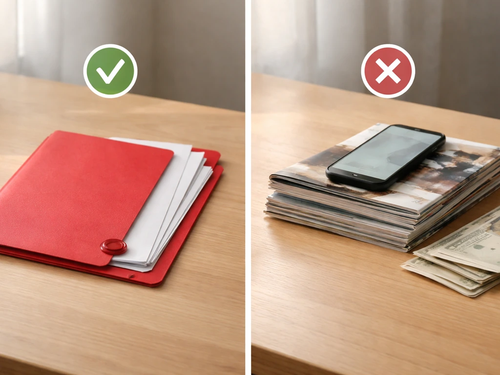 Minimal desk scene comparing a red “unverified numbers” pile vs a green evidence folder, no text visible.