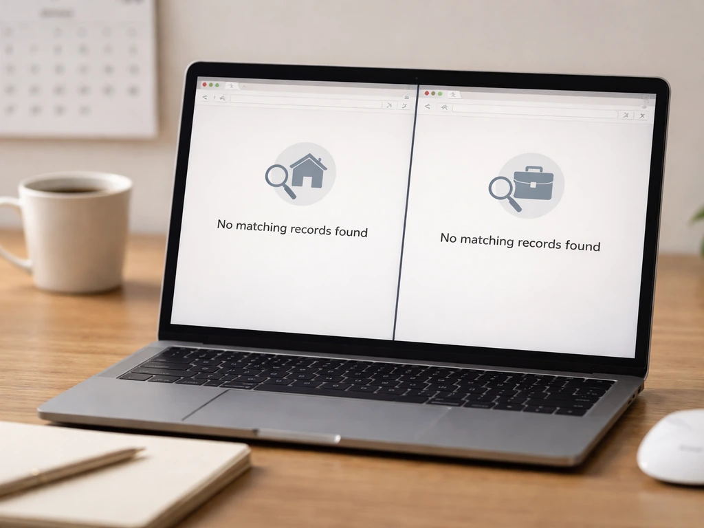 Laptop on a desk showing generic property and business lookup pages with no matching records.