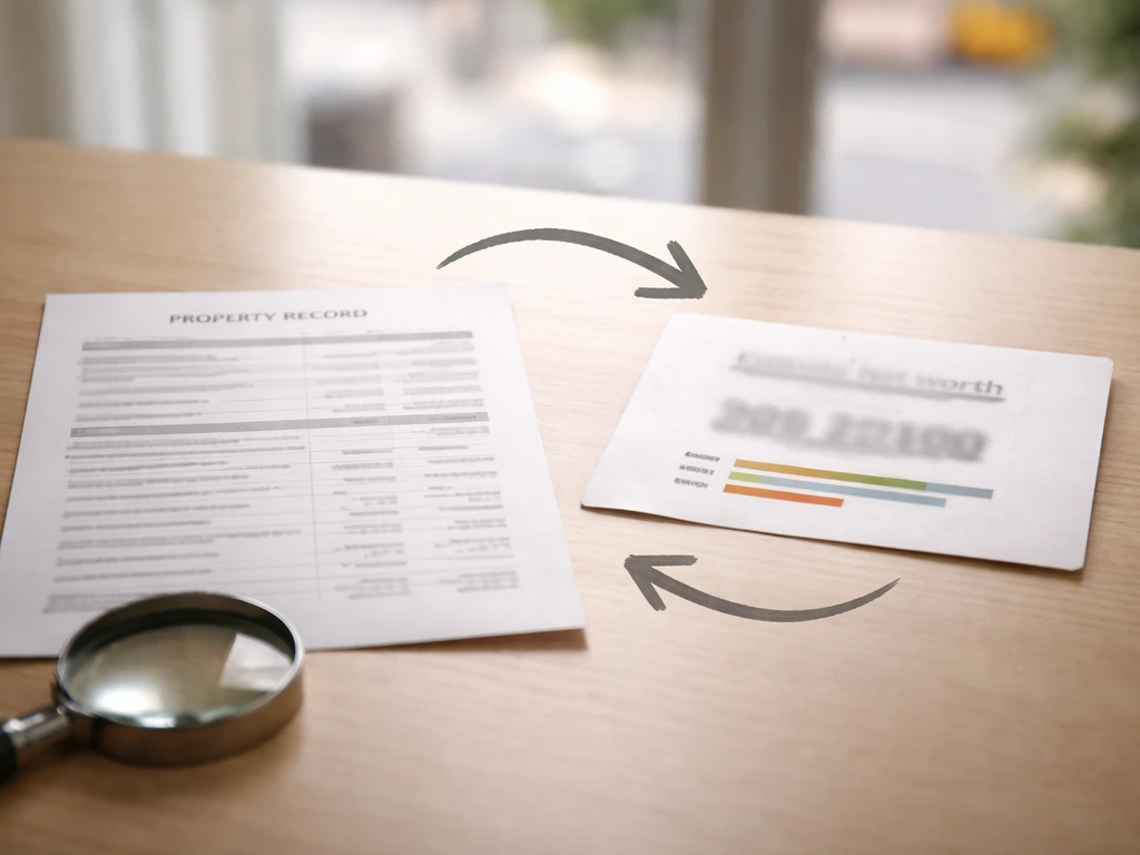 Close-up of property record paper and a generic estimate card with arrows suggesting verification steps.