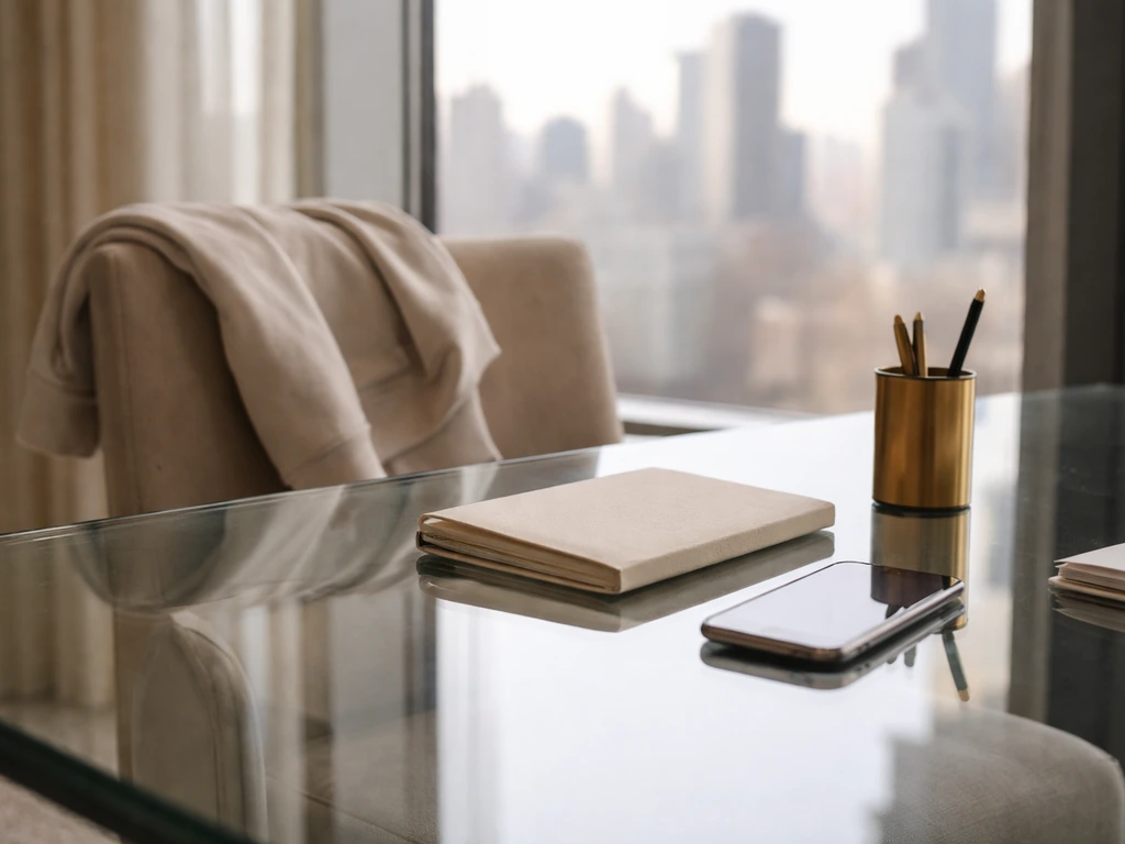 Minimal luxury office scene with smartphone, notebook, and folded athleisure garment by a window.