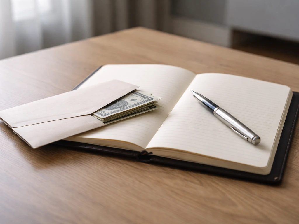 Minimal office desk with a single cash envelope and dark notebook symbolizing equity and compensation.