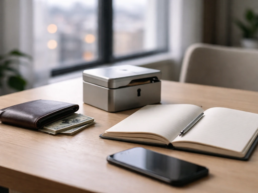 Minimal home office desk with wallet, cash, and a money box beside a blank notebook.