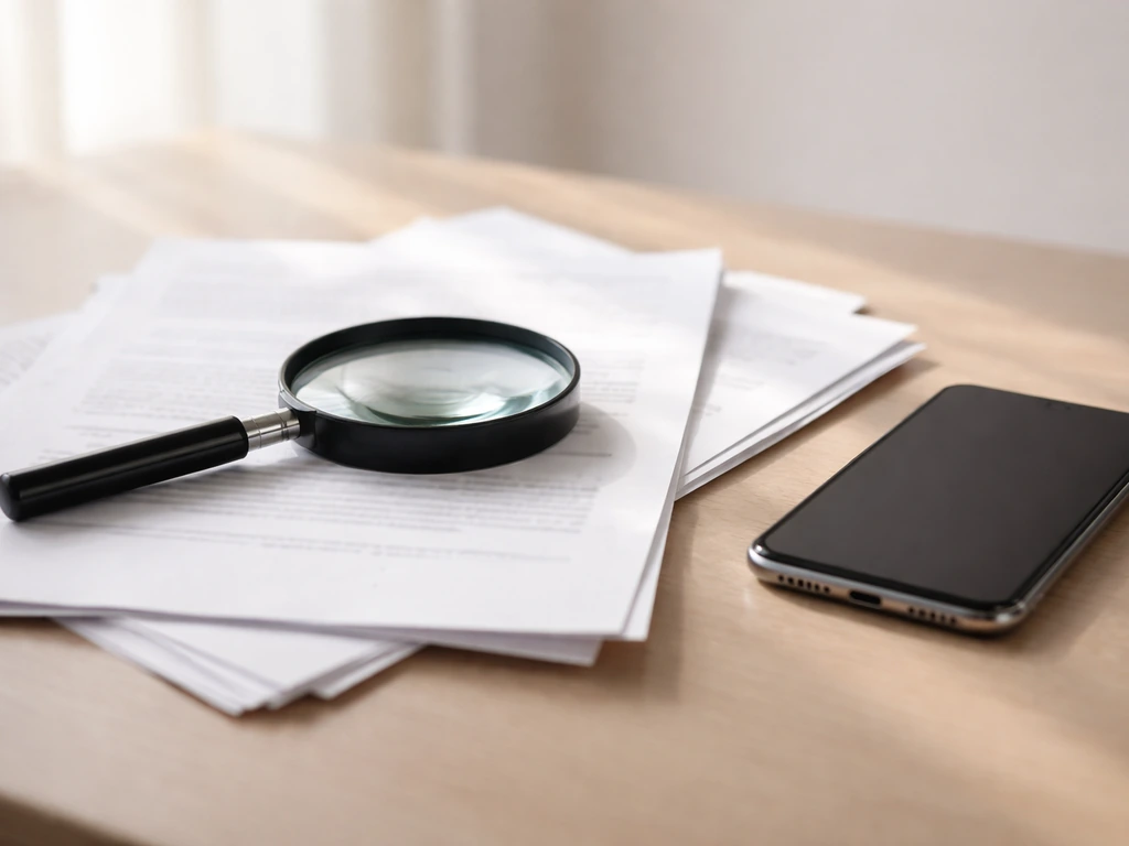 Minimal desk scene with printed documents and a magnifying glass, suggesting verifying business sources