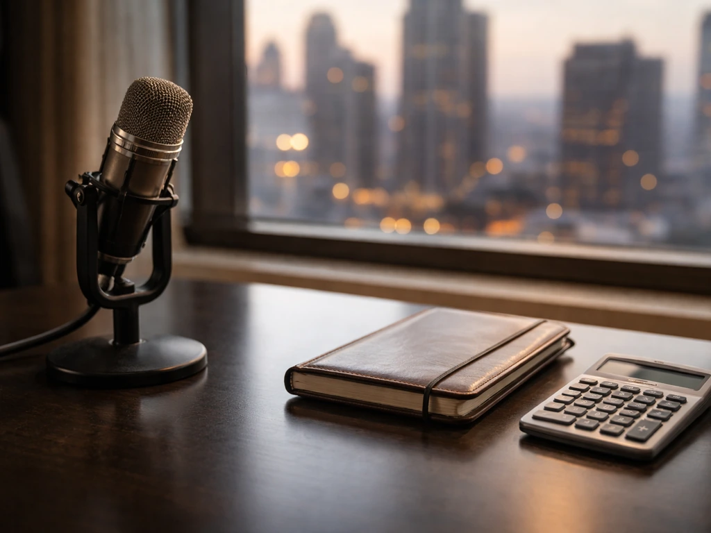 Money and media-business scene symbolizing an actress net worth article, with an anonymous microphone and office desk.