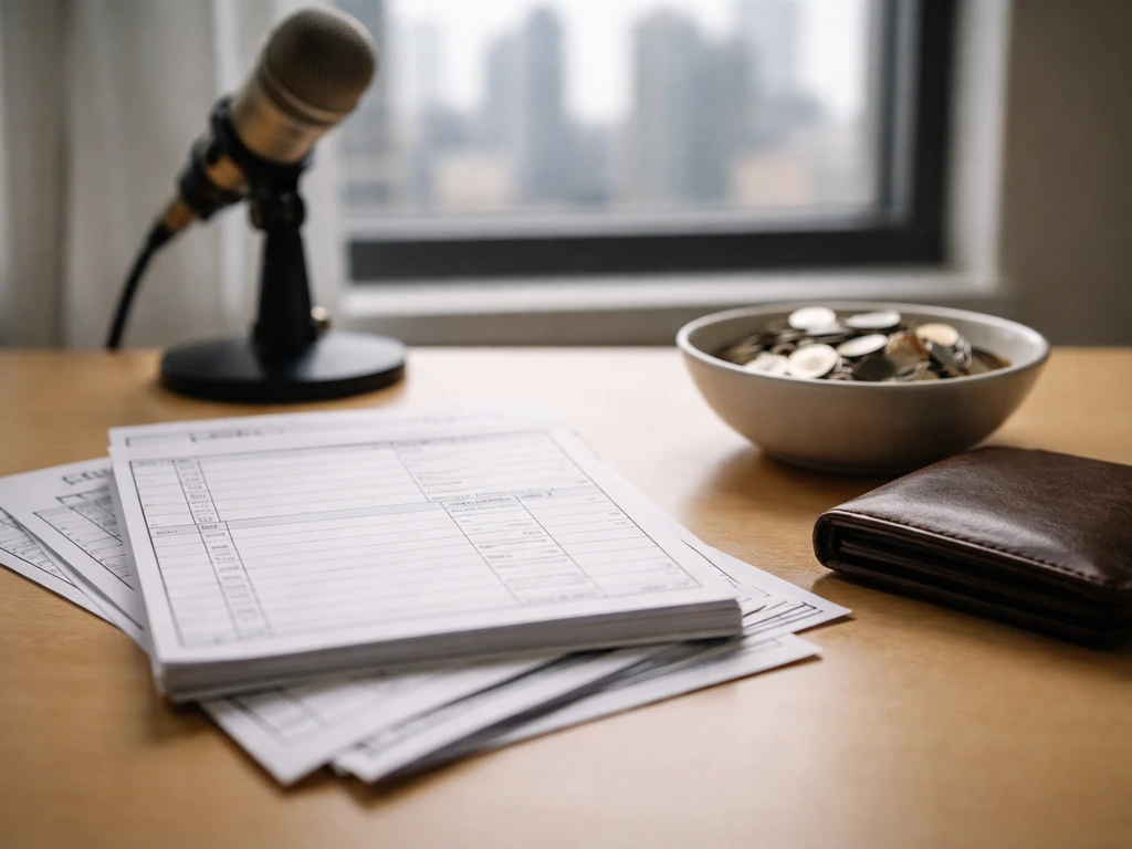 Minimal photo of scattered film credit slips and coins on a desk, symbolizing credit-based net worth estimates.