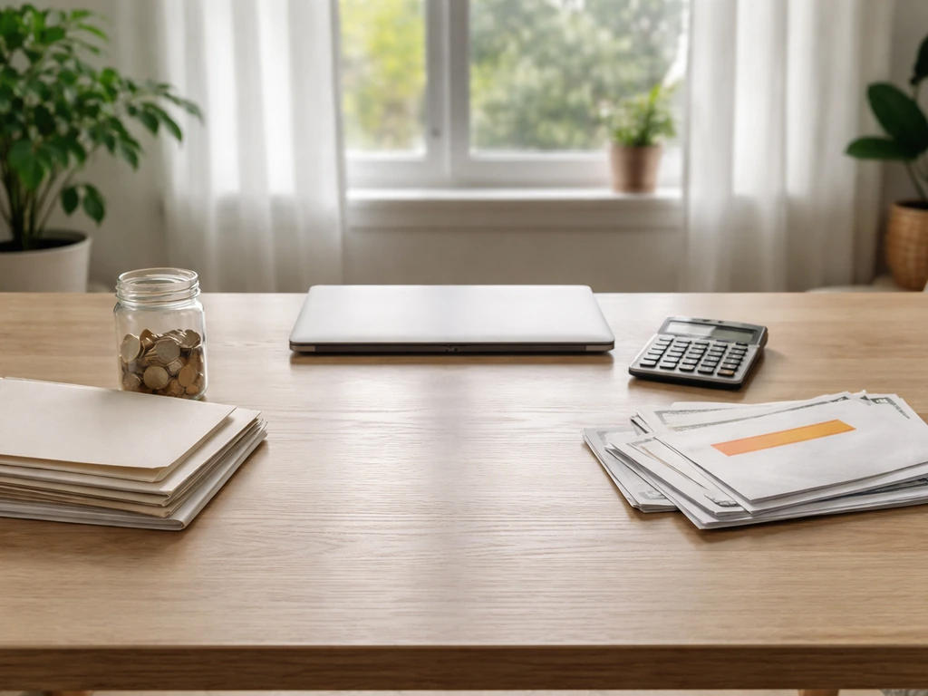 Minimal studio desk with envelope, calculator, and split items suggesting assets versus liabilities
