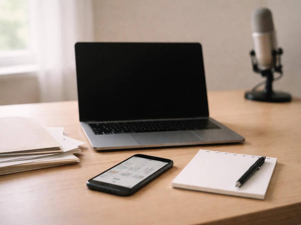 Minimal office desk scene with smartphone showing a media calendar vibe and a notepad for updating an estimate.