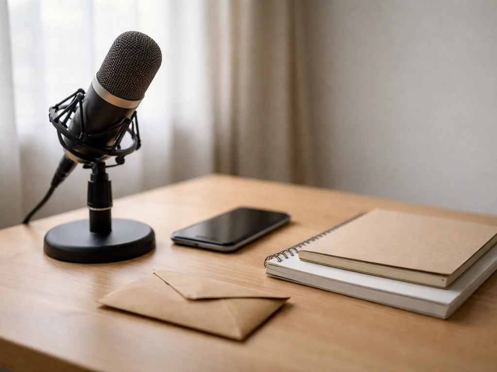 A studio desk with a smartphone, small cash envelope, and microphone—symbolic of media and wealth analysis