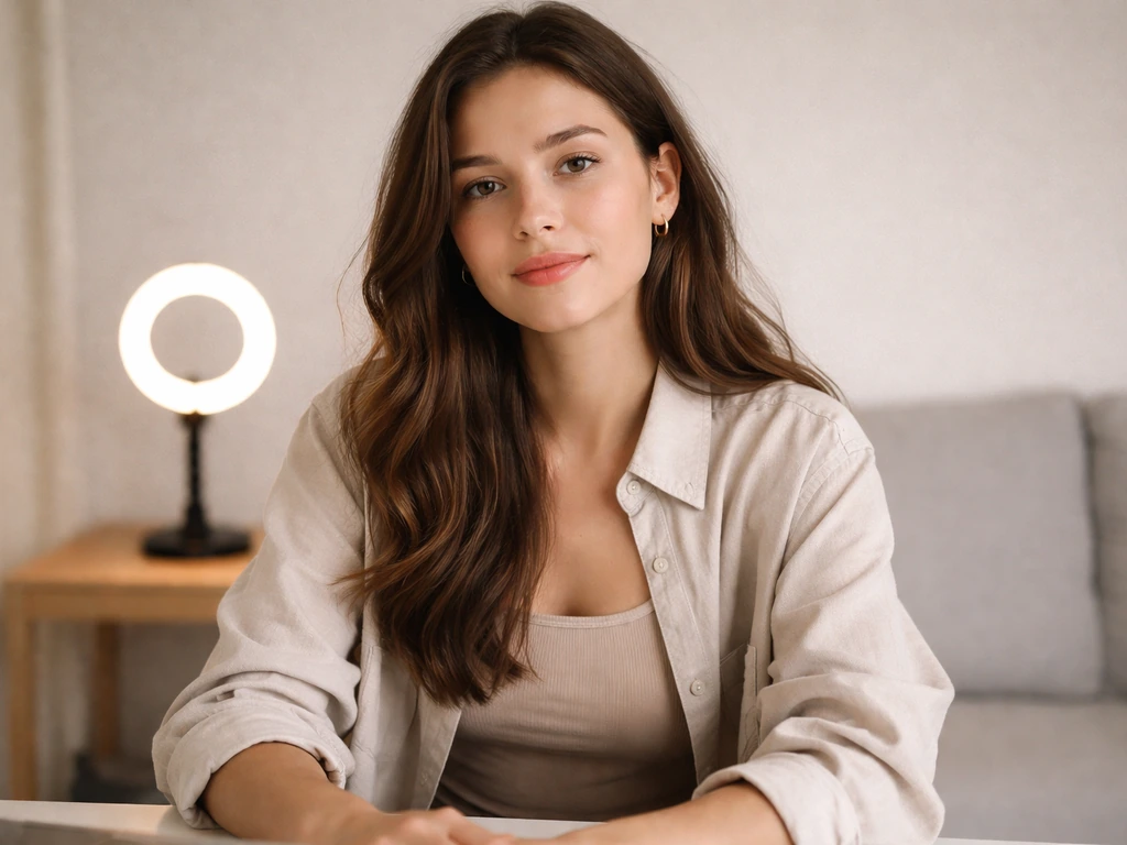 Anonymous young woman in a minimal home studio, softly lit by a ring light in the background.