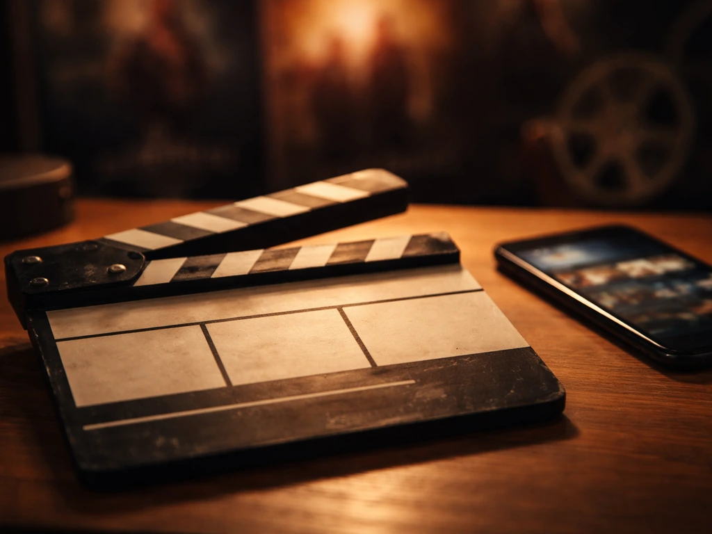 Close-up of an indie clapperboard on a wooden desk with a media device nearby, no people visible.
