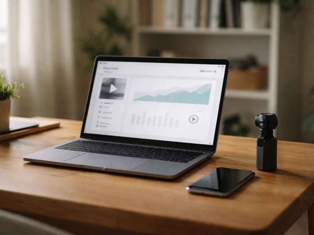 Minimal desk scene with a laptop showing creator analytics-like interface, symbolizing YouTube monetization workflow.