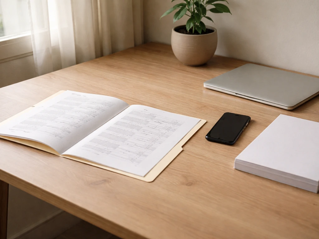 Minimal desk scene with scattered financial documents and a smartphone, suggesting a transparent estimate breakdown
