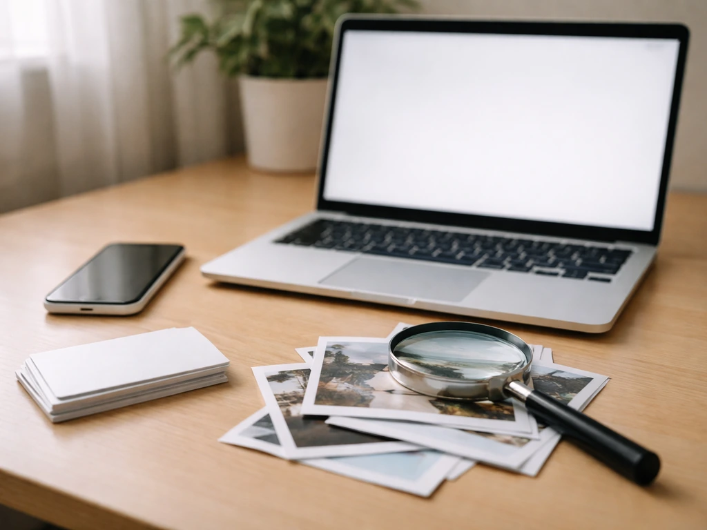 Minimal desk scene with laptop, smartphone, printed photos, and magnifying glass symbolizing profile verification.