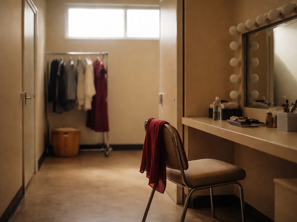 Soap set hallway with a vintage dressing-room mirror, soft daylight, and a red scarf on a chair.