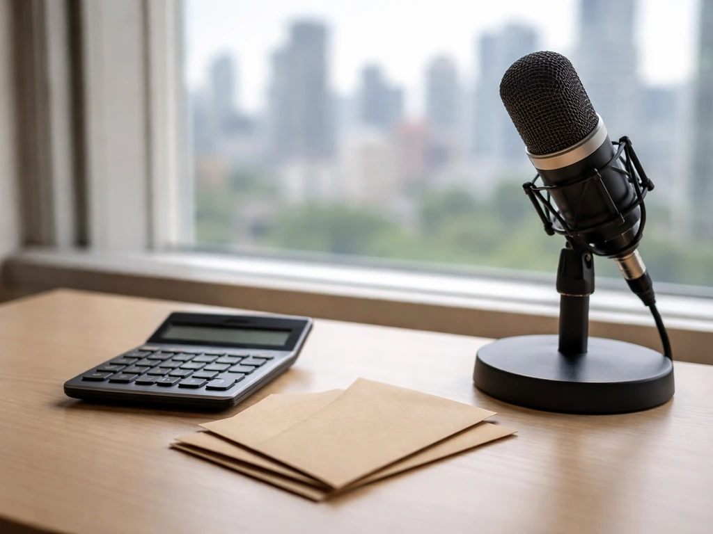 Minimal office desk with a calculator, scattered cash-like envelopes, and a studio microphone, suggesting estimated ente